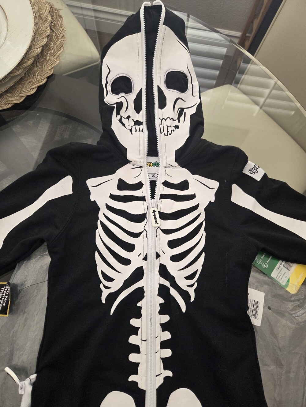 Youth Black Skeleton One-Piece Costume With Hoodie -1 Available - Picture 2 of 6